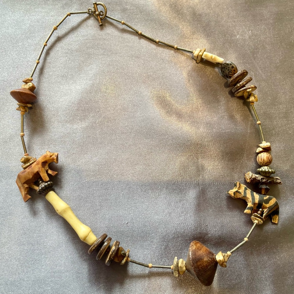 Beautiful Vintage Carved Wood African Animal Necklace